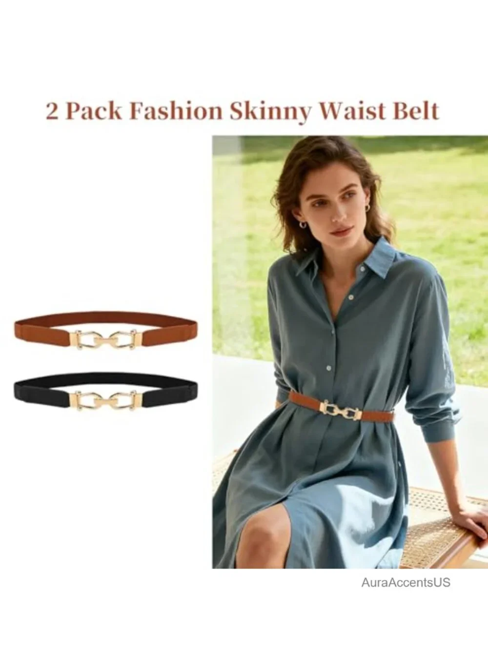Stretchy Thin Waist Belt, Retro Elastic Skinny Belt with Gold Buckle for